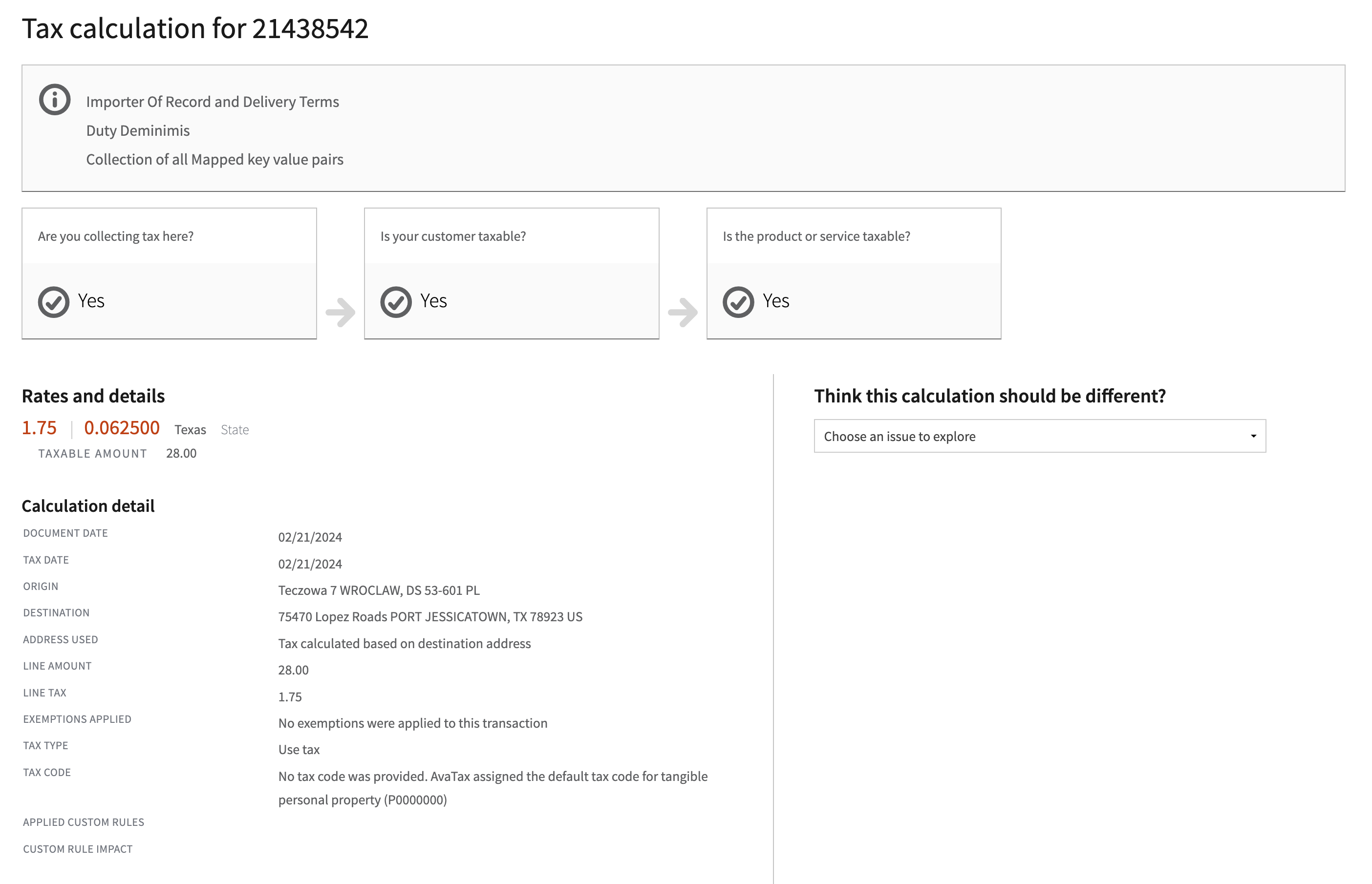 Review calculation page with information about tax details for the particular line item in order