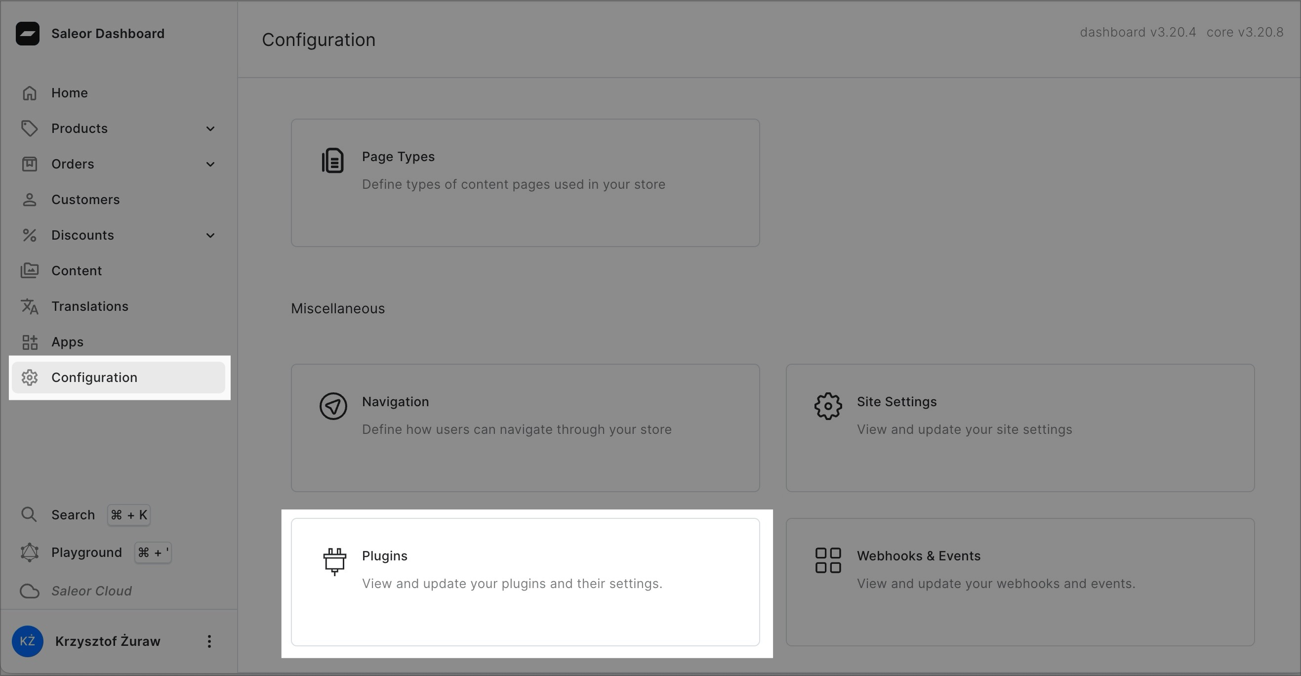 A screenshot of the Saleor Dashboard displaying the “Configuration” section. The “Plugins” section is highlighted, indicating the option to view and update plugins and their settings.