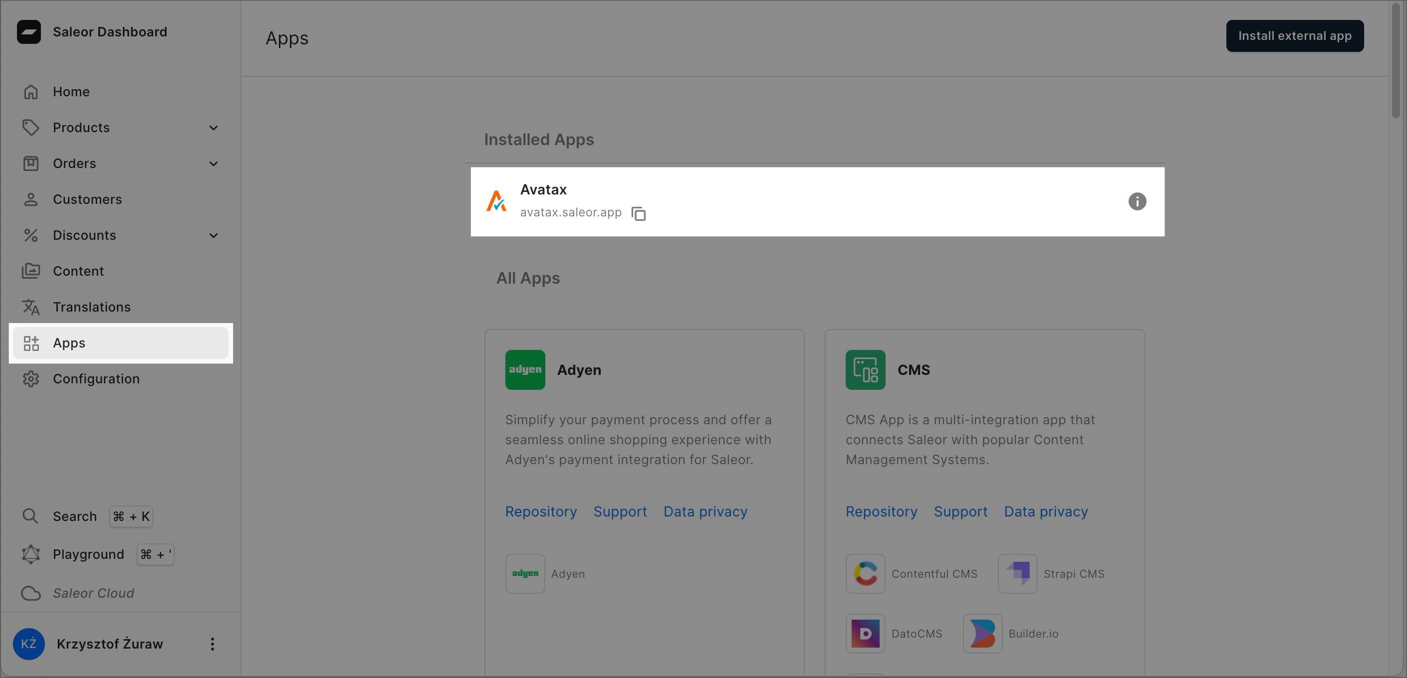 A screenshot of the Saleor Dashboard in the “Apps” section. The main area displays “Installed Apps,” highlighting “AvaTax” with its logo and a link to the app’s page.