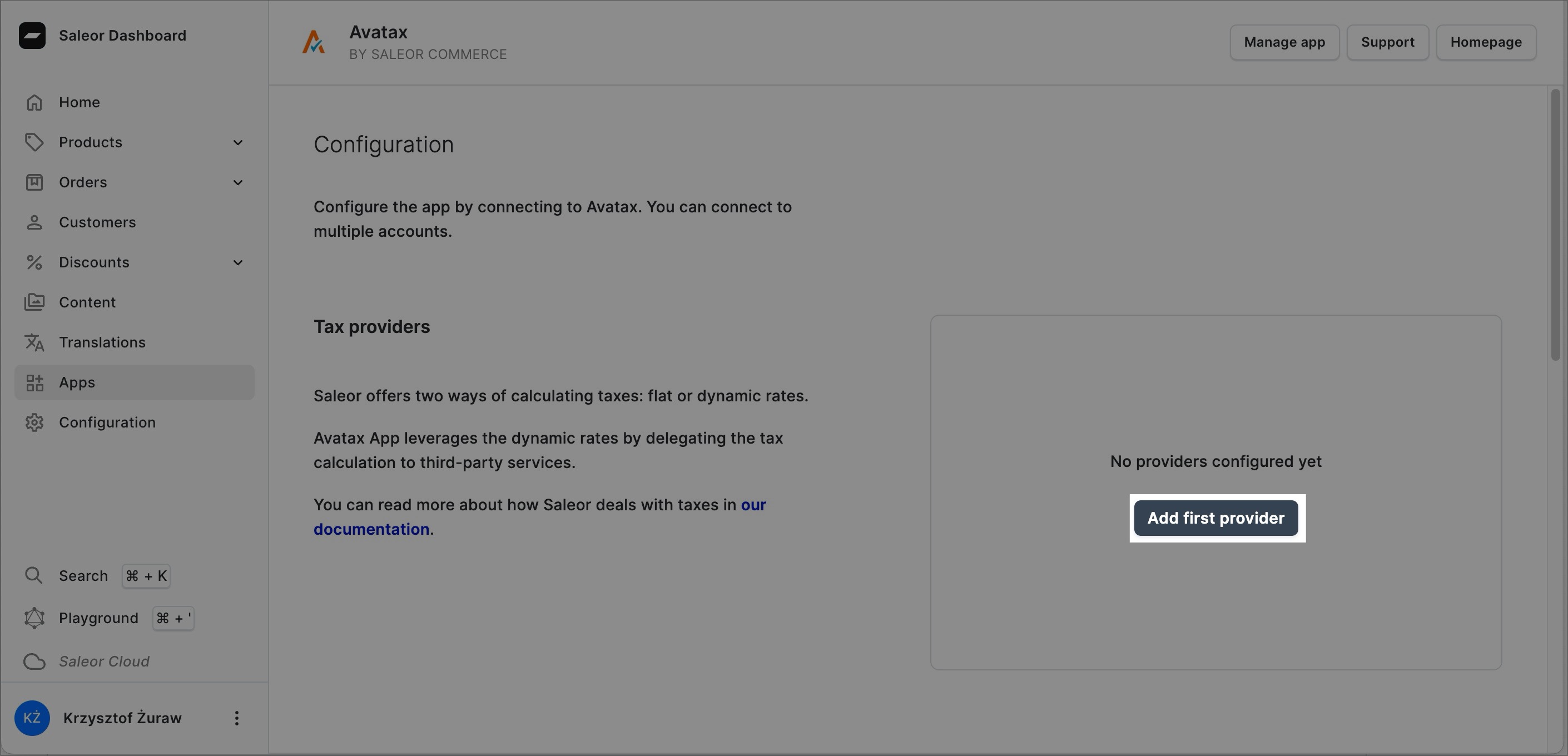 A screenshot of the Saleor Dashboard in the “AvaTax” app configuration section. The “Add first provider” button is highlighted.“