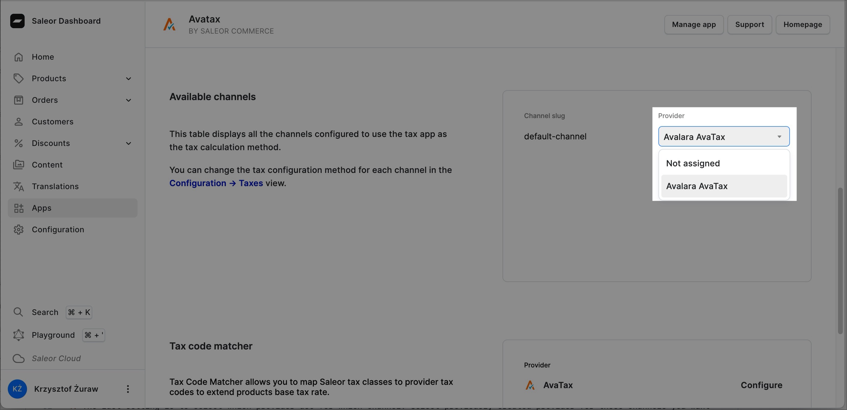 A screenshot of the Saleor Dashboard in the “AvaTax” app section.The main area displays “Available channels,” indicating that the table shows channels configured to use the AvaTax app for tax calculations.
