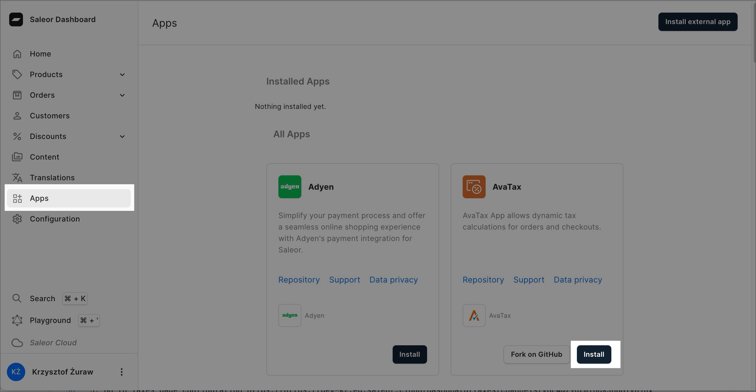 A screenshot of the Saleor Dashboard in the “Apps” section. The “Install” button is highlighted, indicating the option to install AvaTax app.