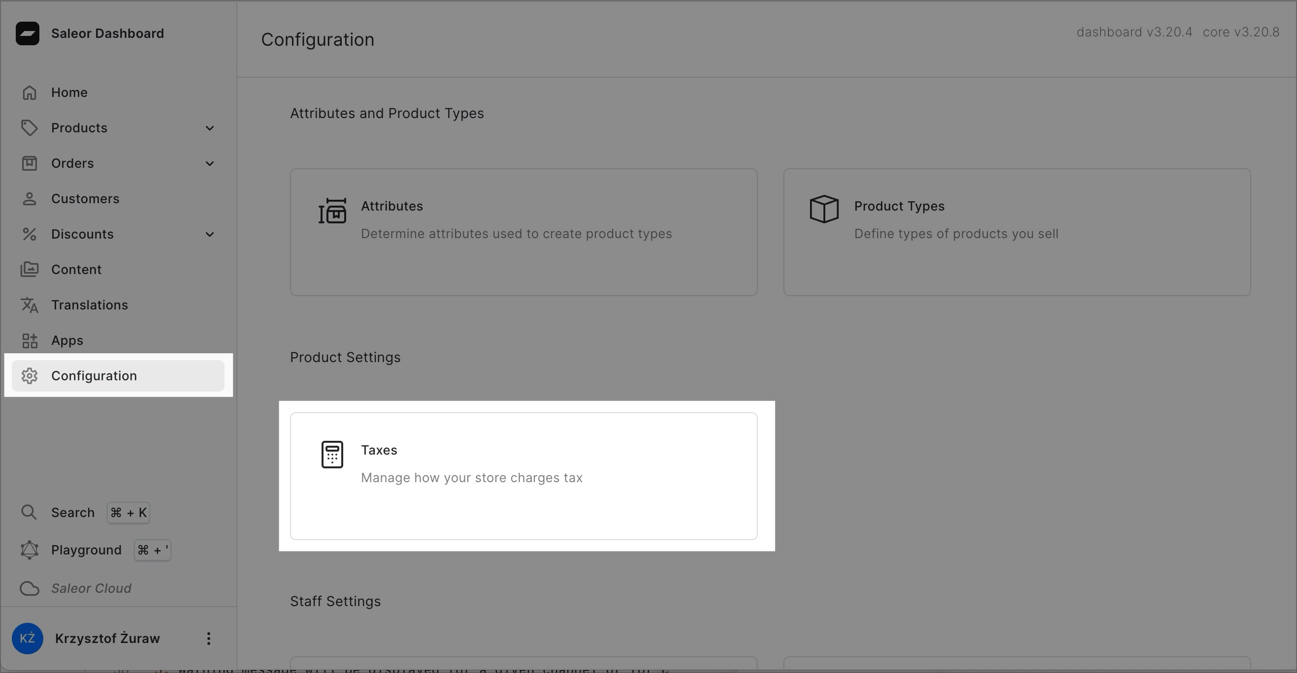 A screenshot of the Saleor Dashboard in the “Configuration” section. The “Taxes” section is highlighted.