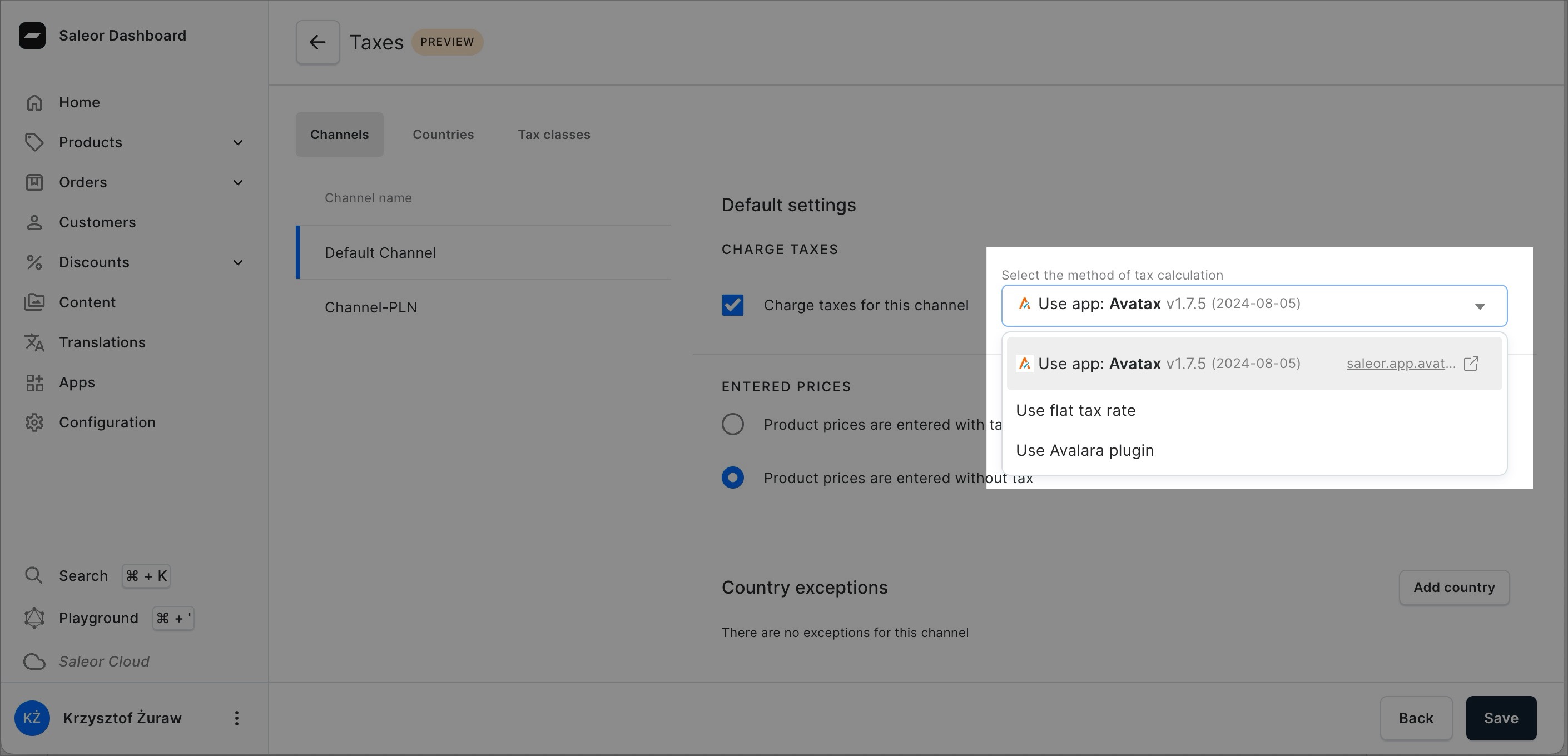 A screenshot of the Saleor Dashboard in the “Taxes” section. A highlighted dropdown menu allows the selection of tax calculation methods, including options for using the “Avalara” app and a flat tax rate.